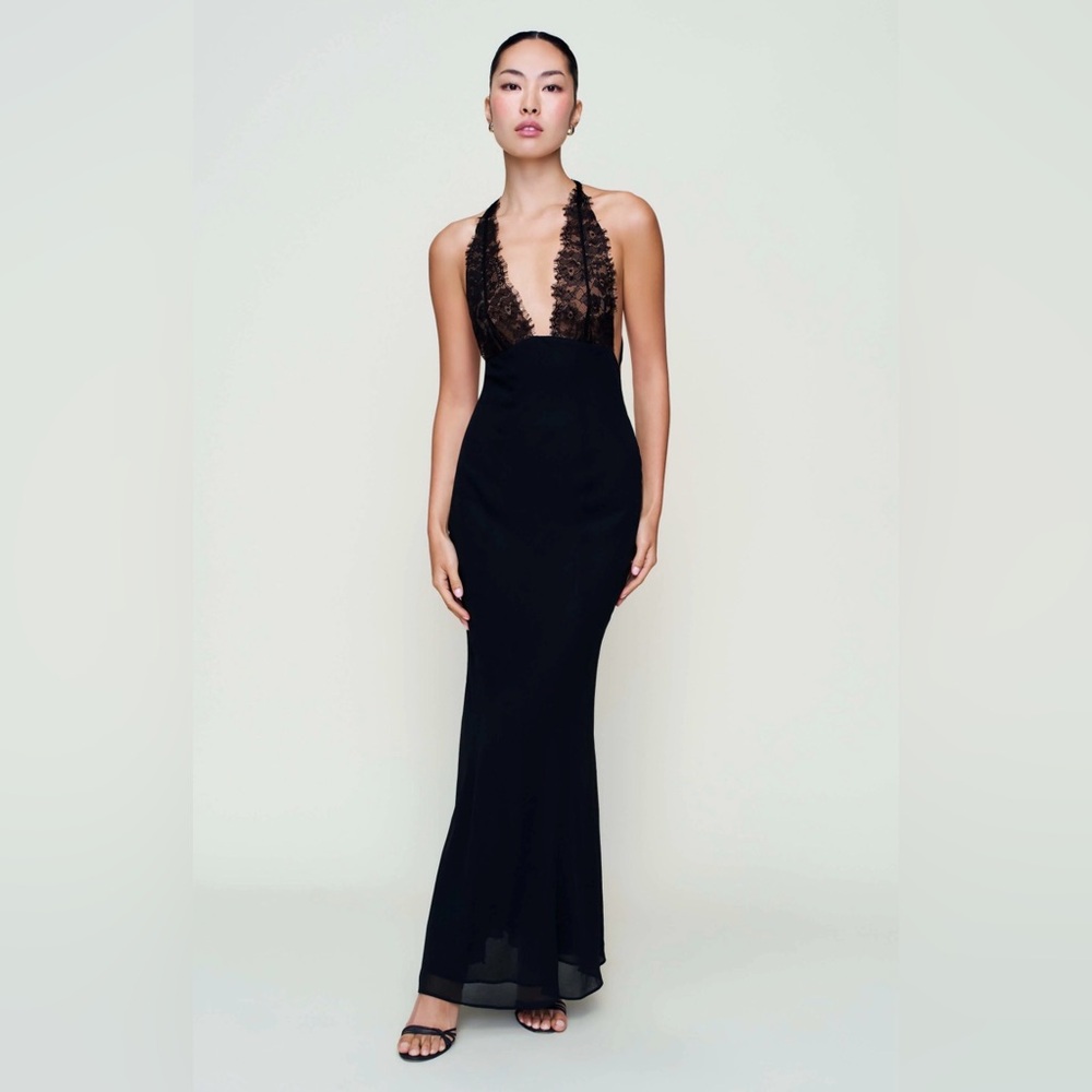 Danielle Guizio Black Lace-Trim Backless Halter Gown